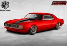 Front three-quarter concept rendering of a slammed Salsa Red 1968 Chevrolet Camaro by Hard Body Customs with asymmetrical stripes, hidden headlights, and bronze wheels.