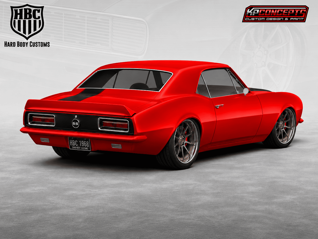 Rear three-quarter concept rendering of a red 1968 Camaro SS restomod showing modern tail lamps, rear spoiler, wide performance tires, and an offset black racing stripe.