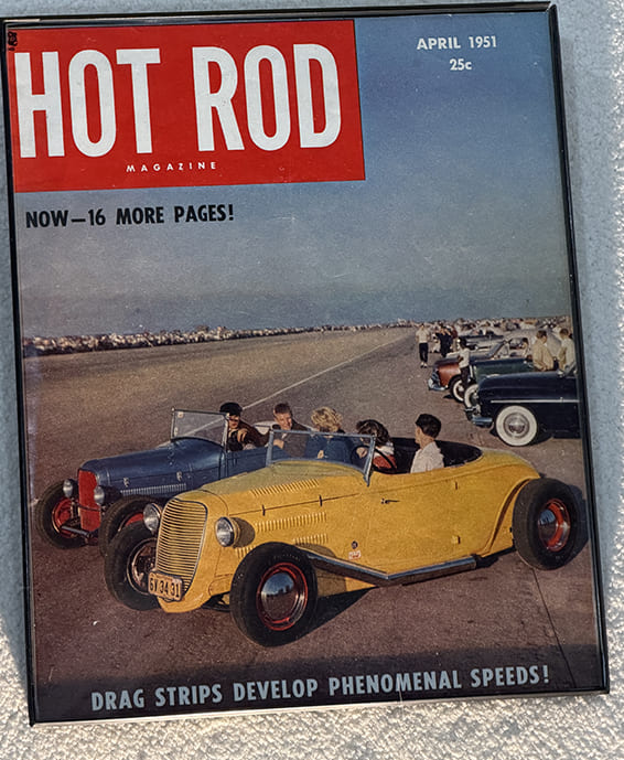 Framed print of the April 1951 Hot Rod Magazine cover featuring the original yellow 1934 Ford roadster at a drag strip.