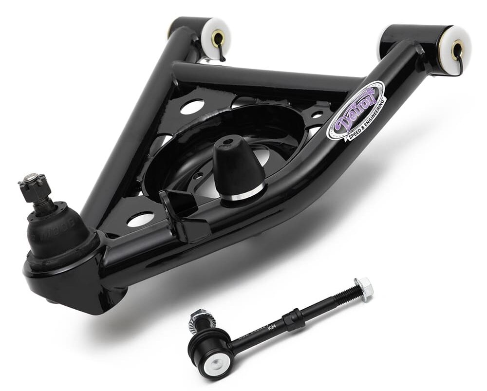 Detroit Speed tubular lower control arm with bump stop, ball joint, and sway bar end link for Chevy S-10 front suspension.
