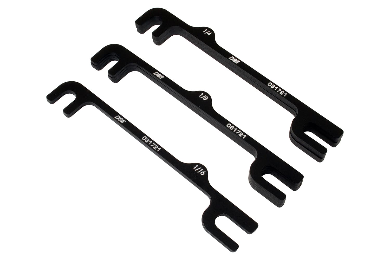 Set of three Detroit Speed precision-engineered caster tuning alignment shims in 1/16, 1/8, and 1/4-inch thicknesses.