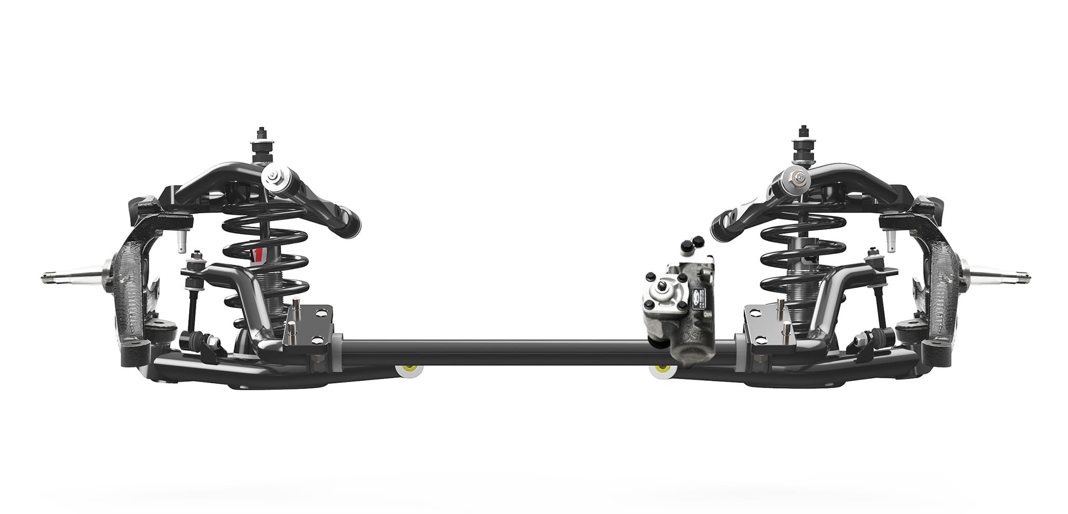 Complete Detroit Speed S-10 front suspension Speed Kit 3 featuring tubular control arms, dropped spindles, QA1 coilovers, sway bar, and steering box.