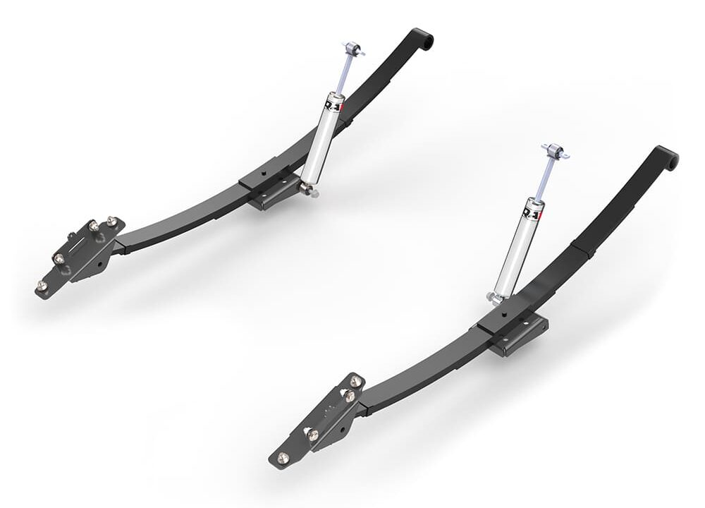 Detroit Speed S-10 rear suspension Speed Kit 1 with reversed-eye lowering leaf springs and QA1 Stocker Star shocks.
