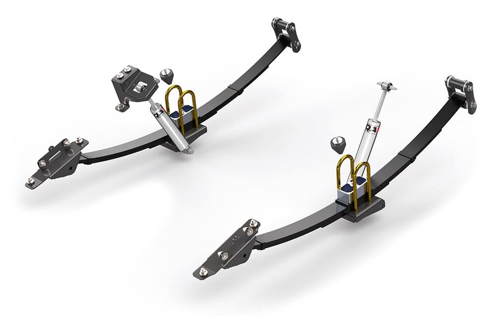 Detroit Speed S-10 rear suspension Speed Kit 2 with reversed-eye leaf springs, angled lowering blocks, U-bolts, and staggered QA1 shocks.
