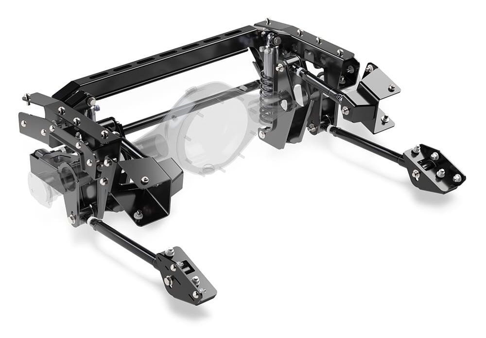 Detroit Speed QuadraLink four-link S-10 rear suspension conversion system featuring QA1 coilover shocks and adjustable track bar.