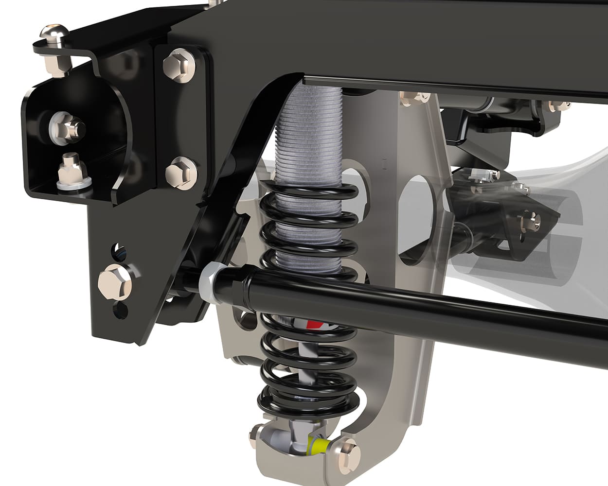 Close-up of Detroit Speed S-10 suspension QuadraLink bracket assembly, QA1 coilover shock, and patented Swivel Link.