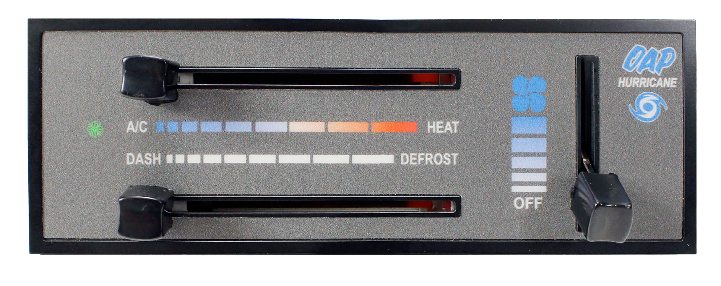 Old Air Products Hurricane electronic slider climate-control panel for heat, A/C, defrost, and fan speed adjustments.