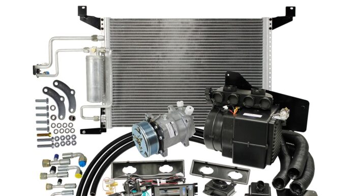 Complete Old Air Products CAP-8812E Hurricane AC and heating system kit showing condenser, compressor, evaporator unit, lines, and hardware for 1988 to 1994 GM trucks.